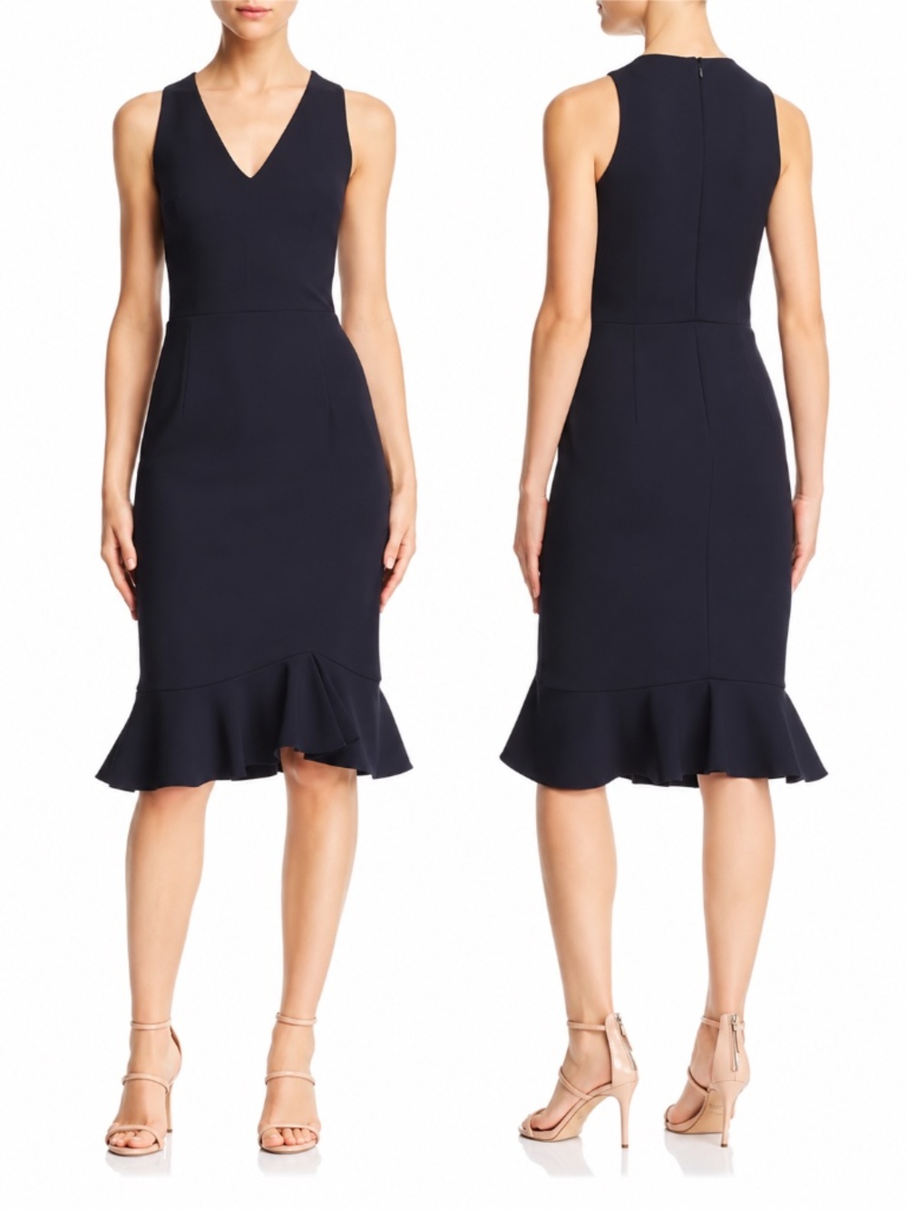 Betsey Johnson Navy V-Neck Ruffle Hem Sheath Cocktail Dress Size 6